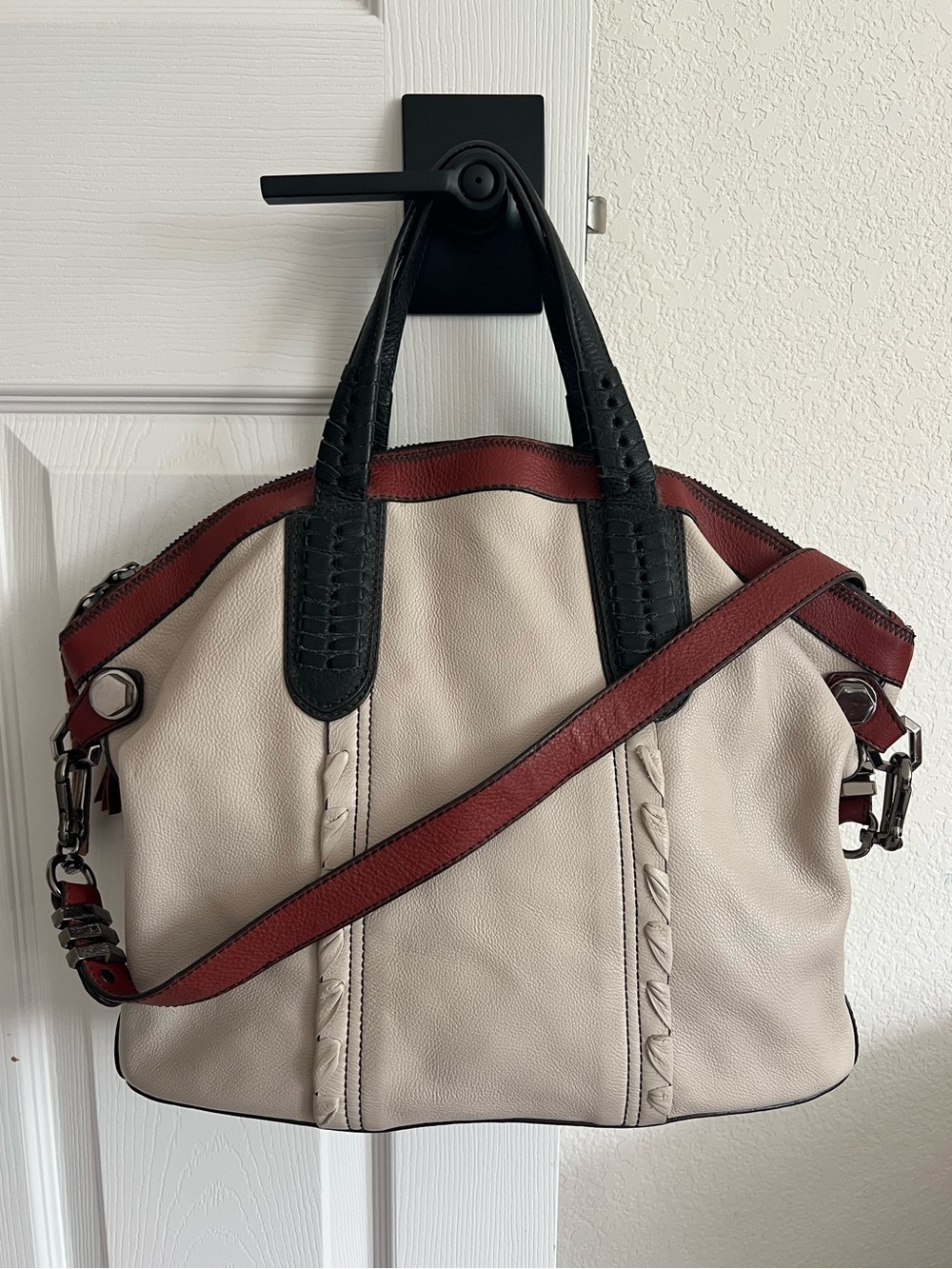 orYANY Cream Leather Satchel with Brown Strap and Black Handles